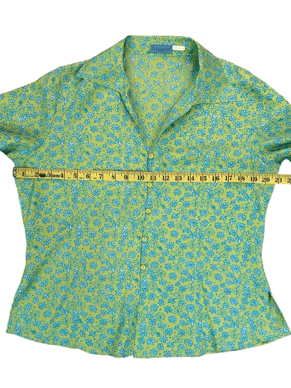 Provence d’amour 100% Silk Y2K Floral Blouse Lime Green Blue Daisy Print Medium - Picture 11 of 15